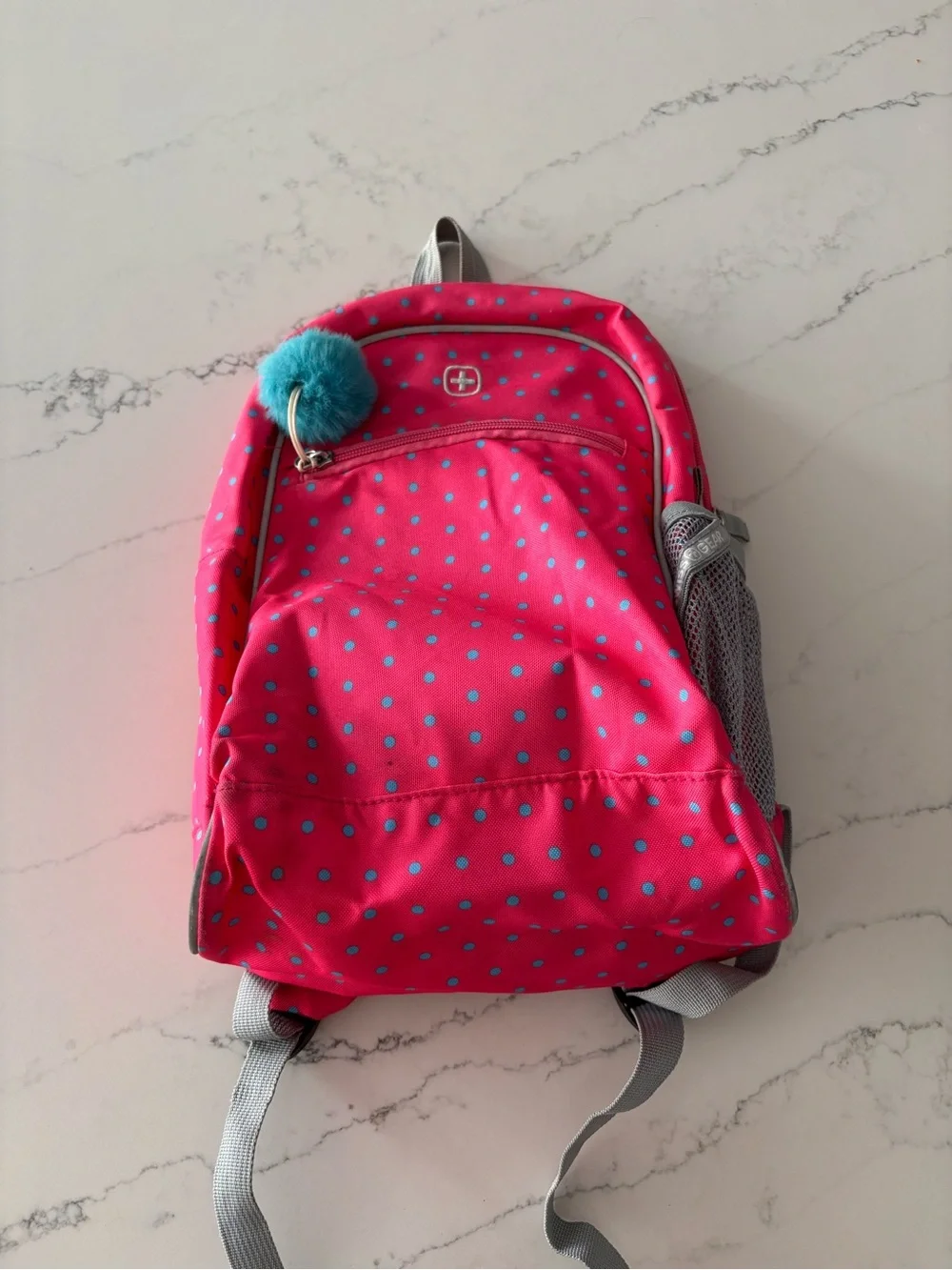SwissGear Hot Pink Polka Dot Kids Backpack with Teal Pom
